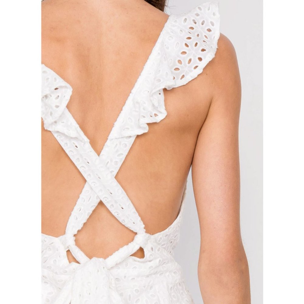 White Eyelet 100% Cotton Open Back Ruffle Romper - Picture 2 of 8